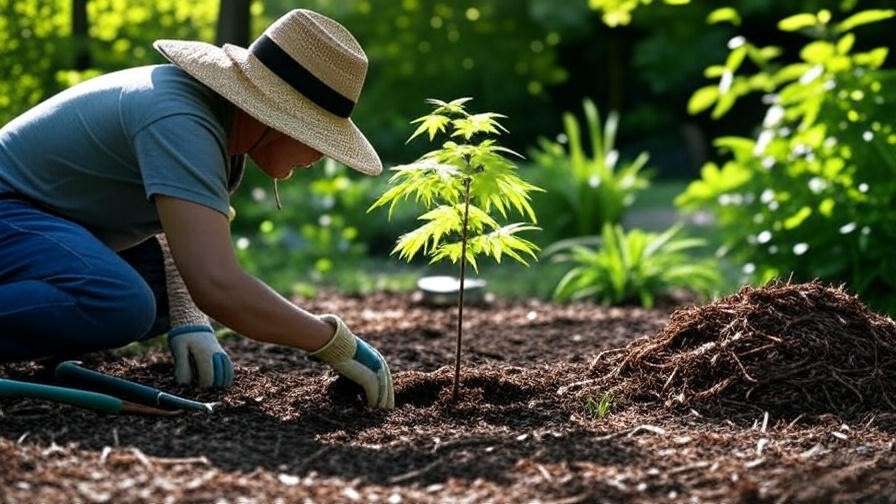 Gardener planting a Japanese maple tree laceleaf in shaded garden soil with tools."