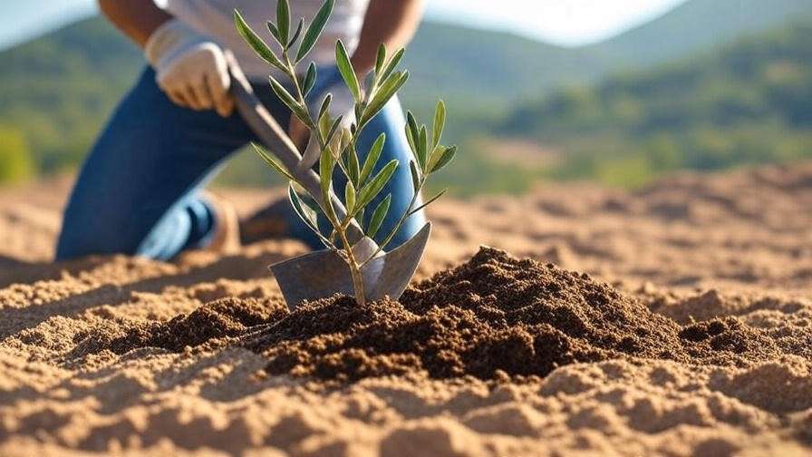 Close-up of a Kalamata olive tree sapling being planted with compost in well-draining soil."
