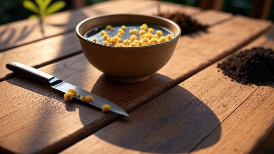 Step-by-step process of scarifying and soaking mimosa seeds on a wooden table."
