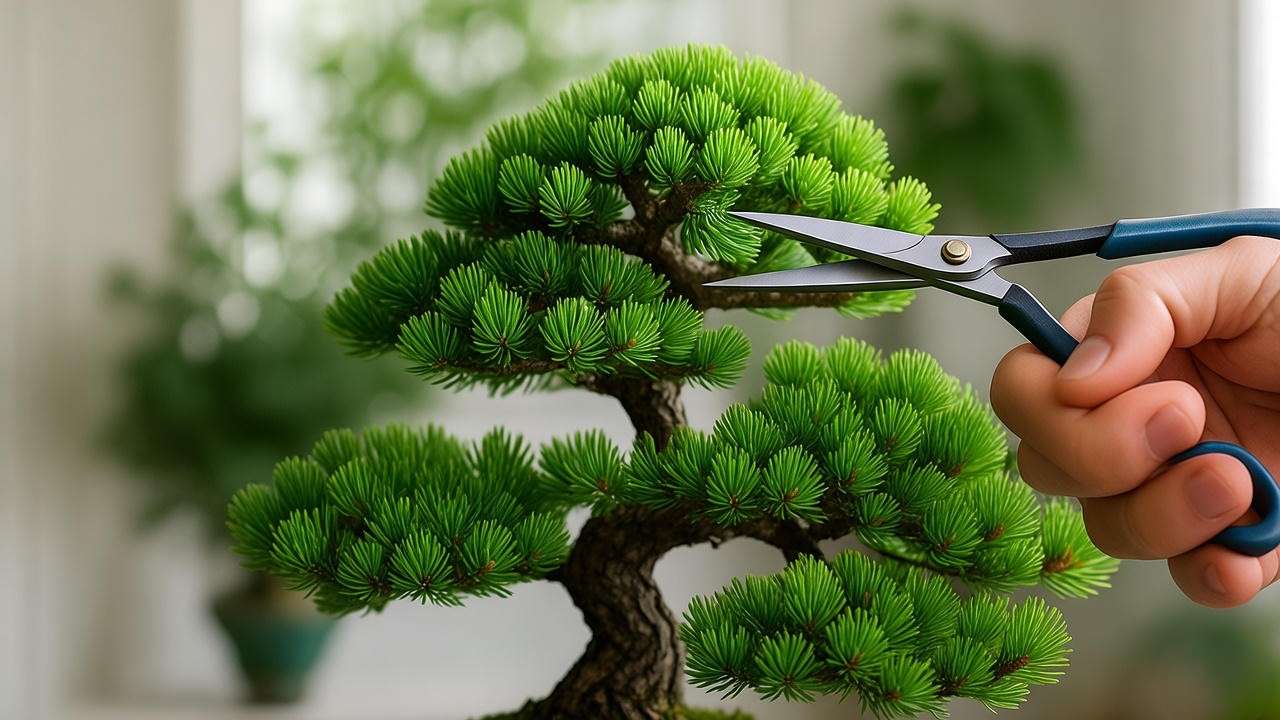 "Step-by-step pruning of a Picea bonsai tree with bonsai shears in an indoor garden."