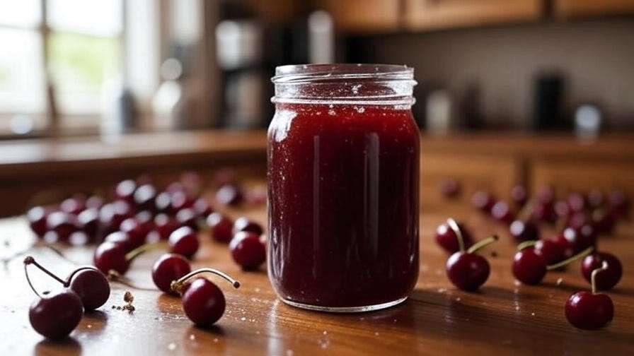 Jar of bush cherry jam with fresh cherries on a wooden table.