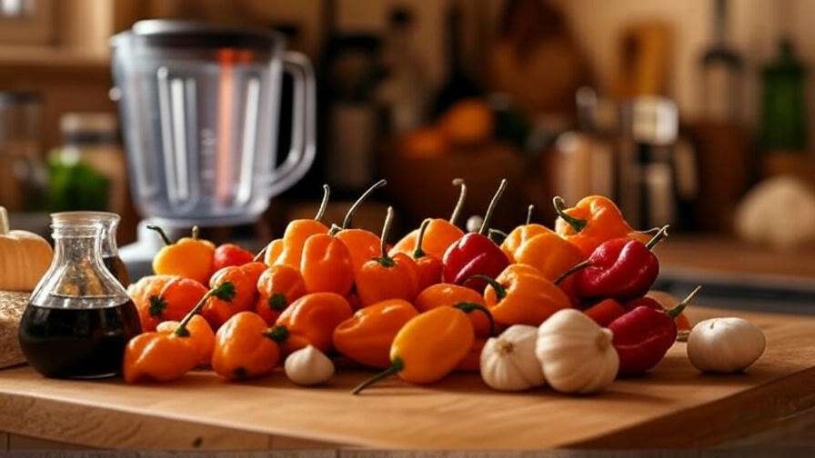 Kitchen counter with fresh habanero peppers and ingredients for making hot sauce."