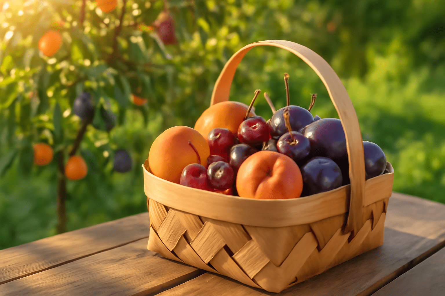 "Basket of freshly harvested peaches, cherries, and plums from a fruit cocktail tree."