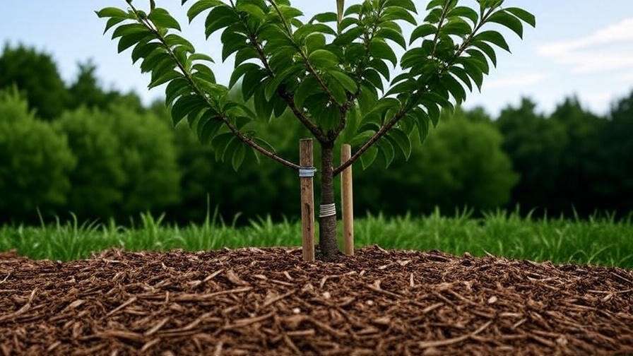 Cherry tree supported by stakes and mulch in a healthy garden setting."