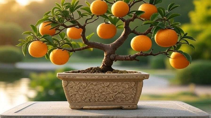 Citrus bonsai in informal upright style with ripe oranges in a decorative po