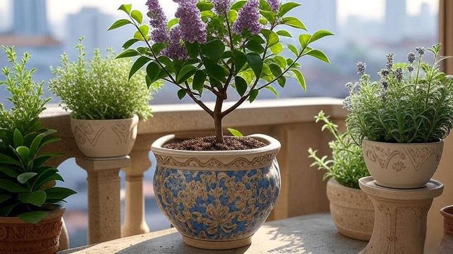 "Styled lilac mini tree with lavender on a balcony with city view".