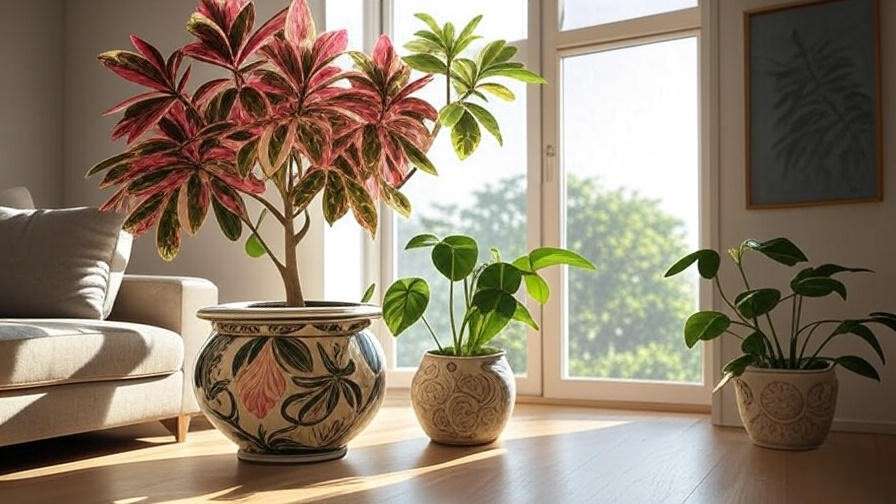 Variegated rubber tree styled in a modern living room with pothos plants