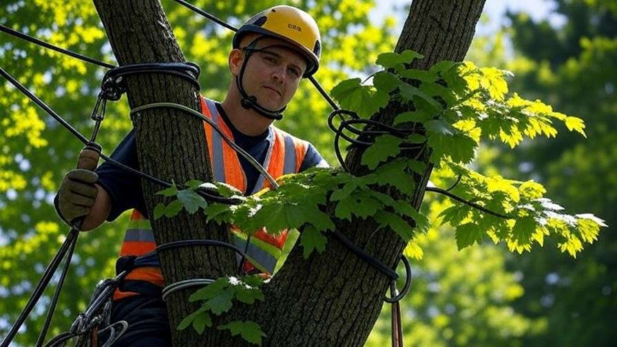Arborist installing cabling and bracing to support a rotten tree in a healthy forest".