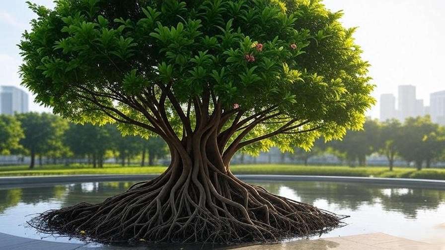Parota tree with root barrier in an urban tropical setting with water feature".