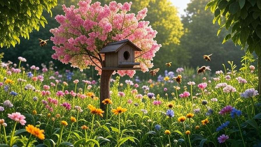 Pollinator-friendly garden with pink and white flowered tree and wildflowers.