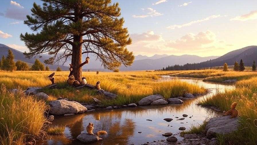 Ponderosa Pine with wildlife in Montana landscape at golden hou