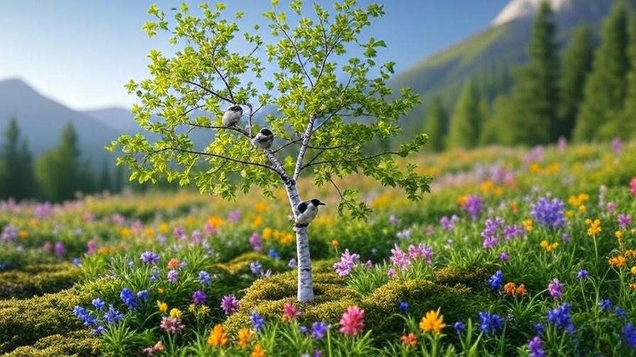 "Healthy paper birch tree with wildflowers and chickadees in Alaskan forest with mountain backdrop."