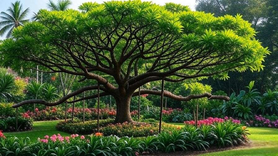 Mature balete tree with support cables and stakes in a colorful tropical garden."