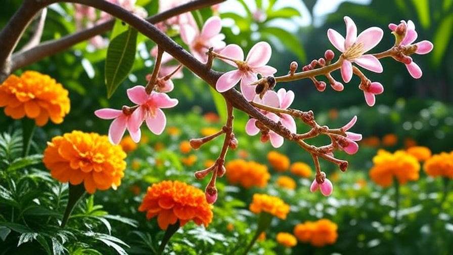 Bee pollinating mango tree blossoms with marigolds"