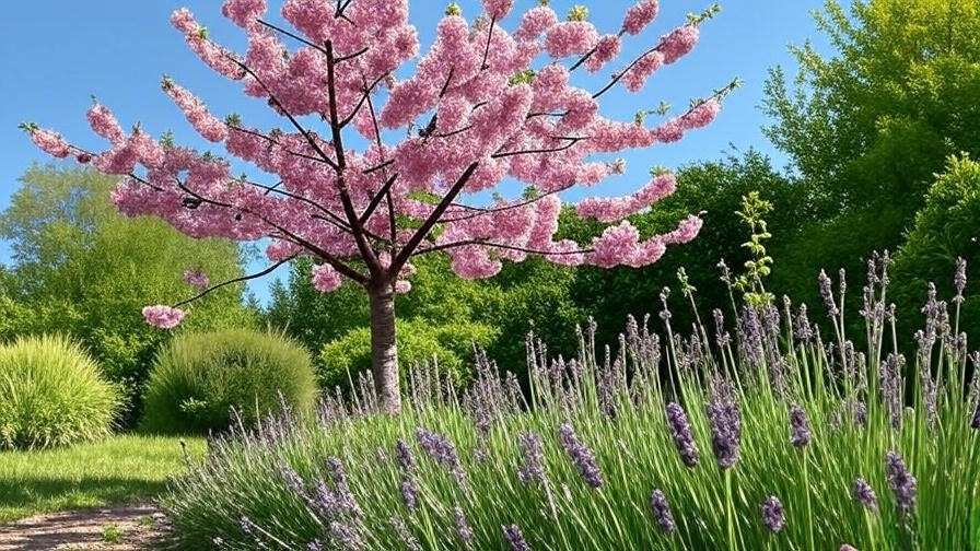 Cherry tree with blossoms and bees pollinating alongside lavender plants."