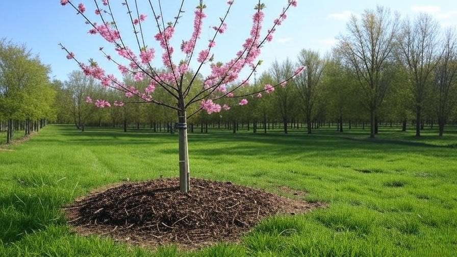 "Staked young cherry tree in an orchard with mulch and ties"