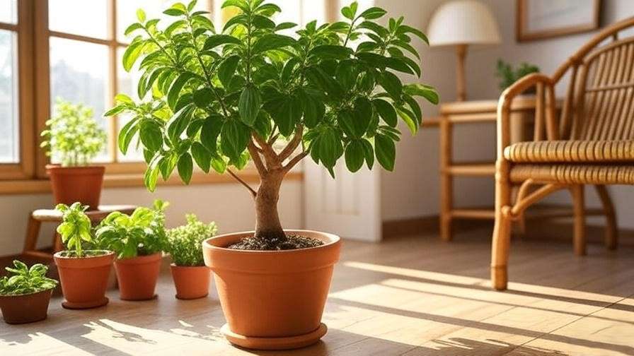 Money tree in a terracotta pot with herbs in a sustainable room.