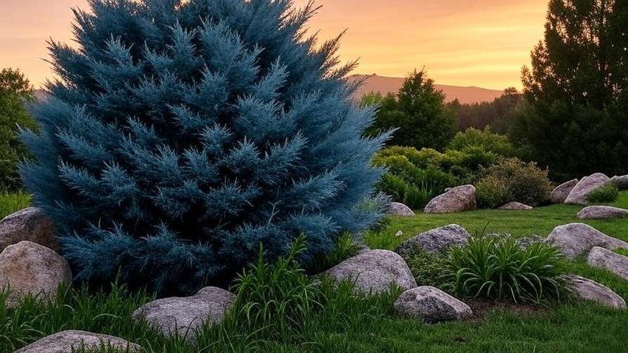 Mature blue cypress tree showcasing carbon sequestration at sunset"