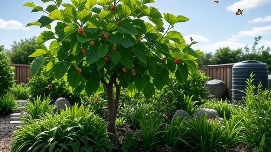 "Mulberry tree in a sustainable garden with bees and butterflies."