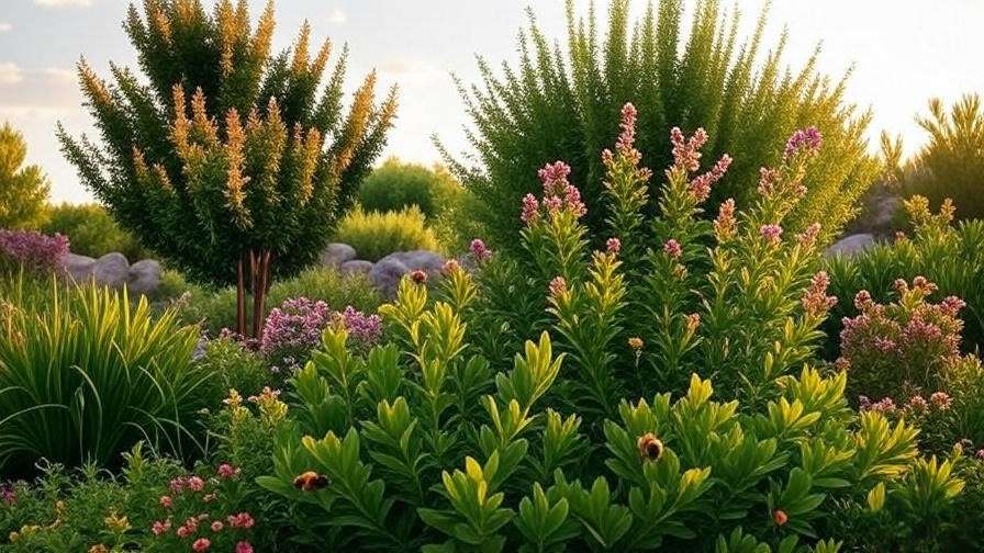 Sustainable garden with willow myrtle trees and bees promoting biodiversity.