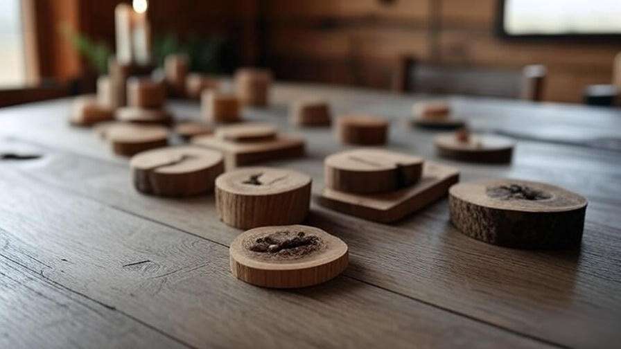 Rustic indoor scene with handmade oak wood coasters and carved pieces on a wooden table."