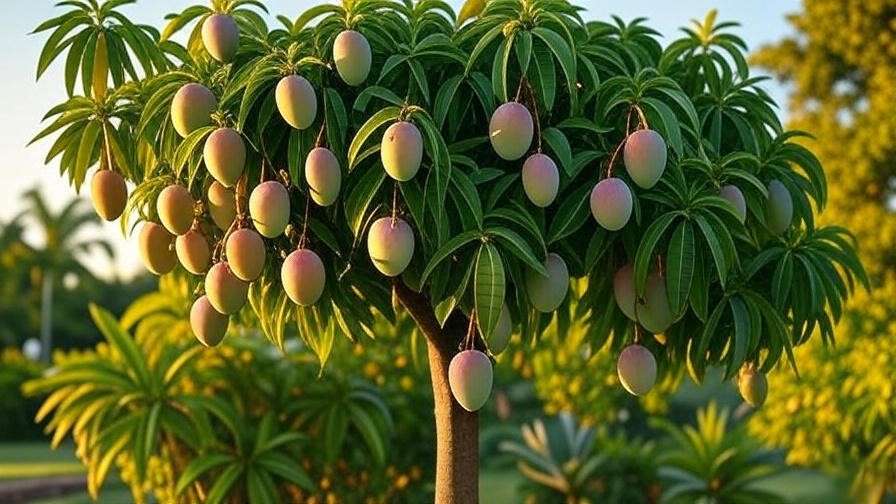 Healthy mango tree with ripe fruit after successful blooming
