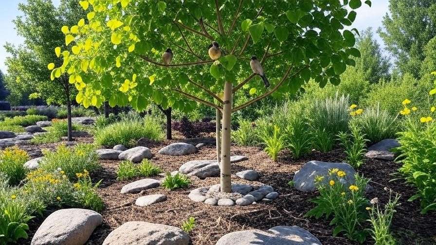 Swedish aspen tree with birds and bees in an eco-friendly garden landscape".