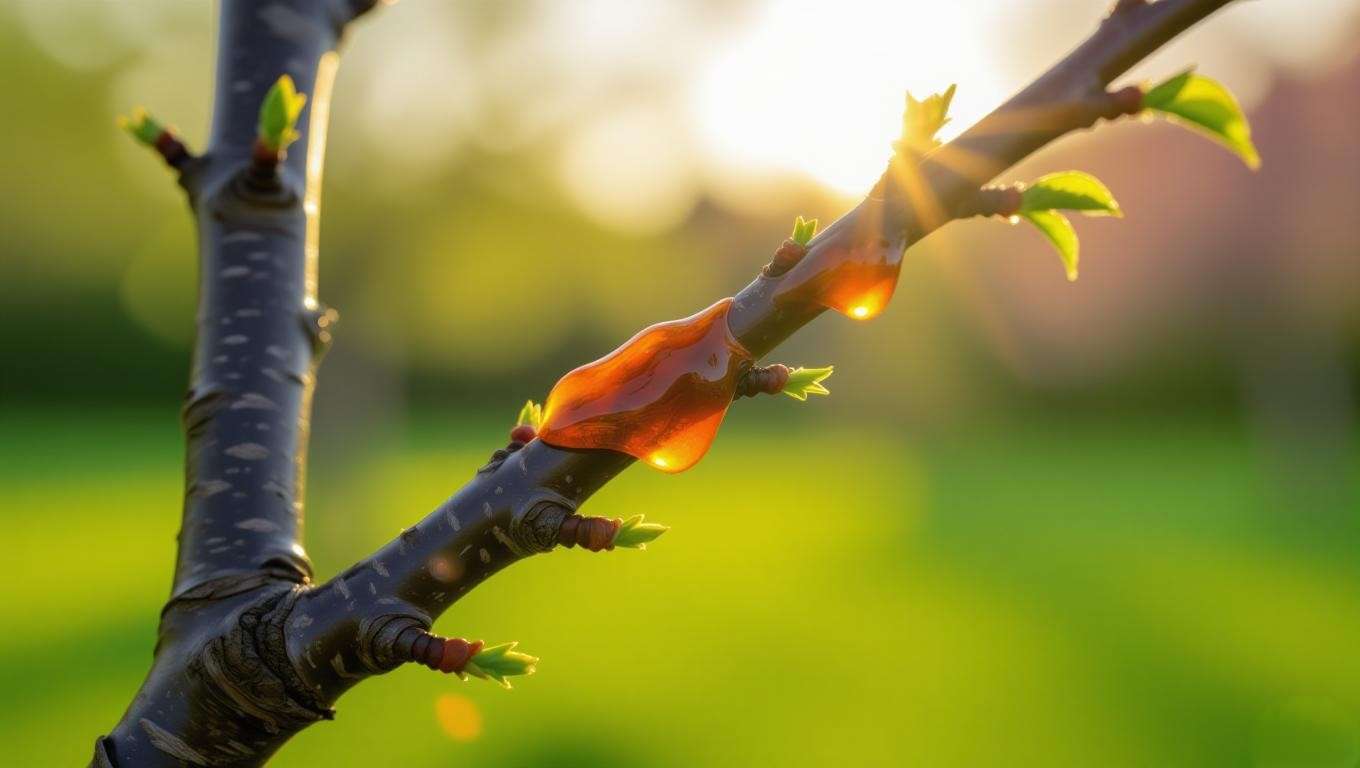 Close-up of cherry tree stem with stem canker symptoms, gummy exudates, and discolored bark in a garden."