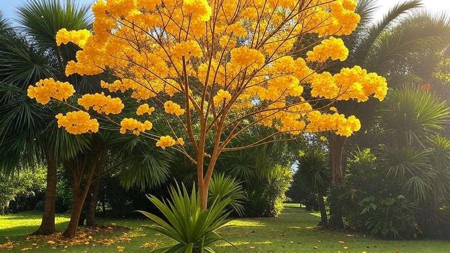 Tabebuia tree with trumpet-shaped yellow flowers in a tropical garden"
