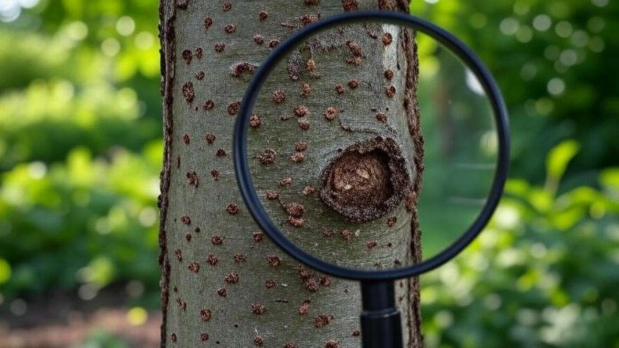 Cherry tree trunk with pest damage, holes from borers, and aphid residue under magnifying glass