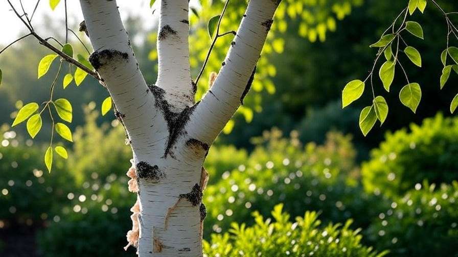 Close-up of birch tree white bark with peeling texture in a lush garden