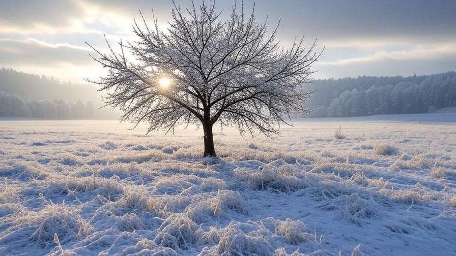 Snow-covered sour cherry tree in a winter field for cold climates"
