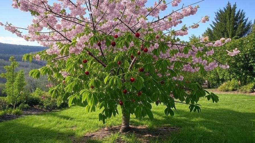 "Blooming cherry tree with ripe Bing cherries in a temperate garden