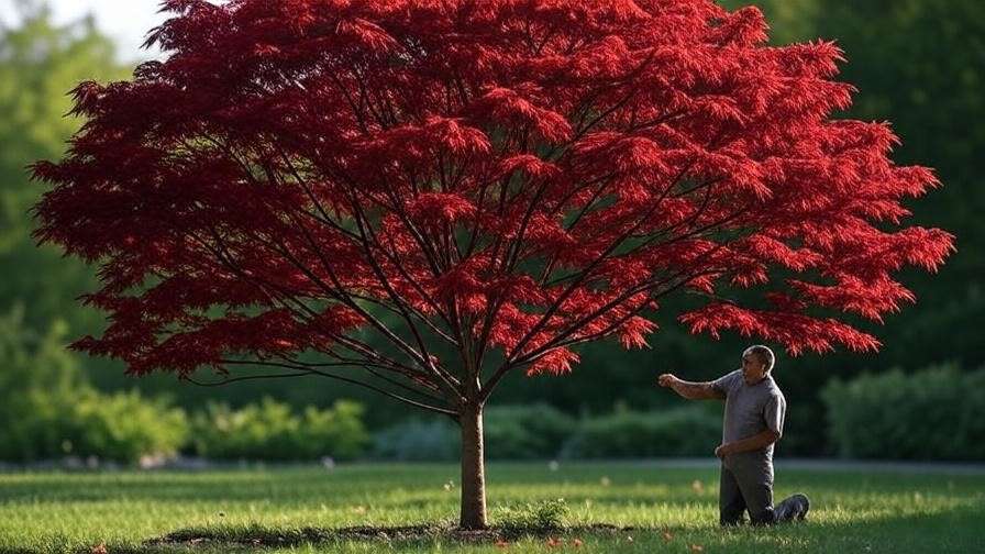 Healthy maple tree with red foliage after summer trimming, gardener inspecting branches."