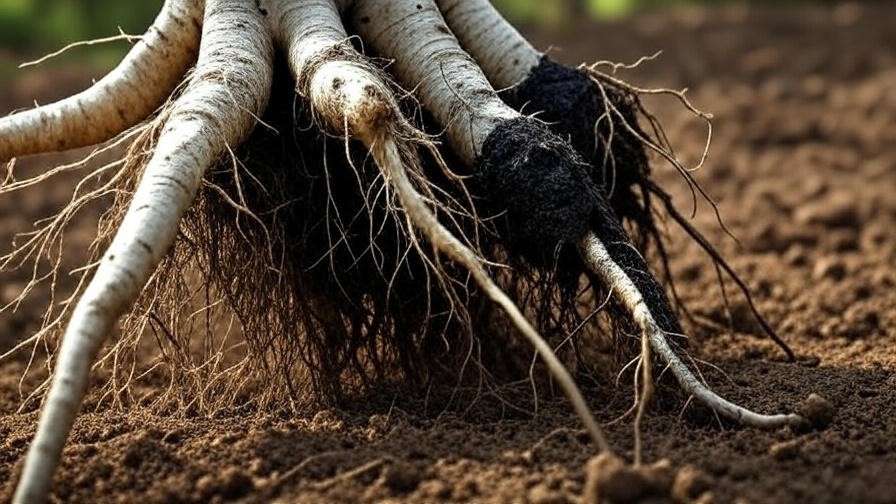 Close-up of healthy and rotted cherry tree roots showing root rot damage