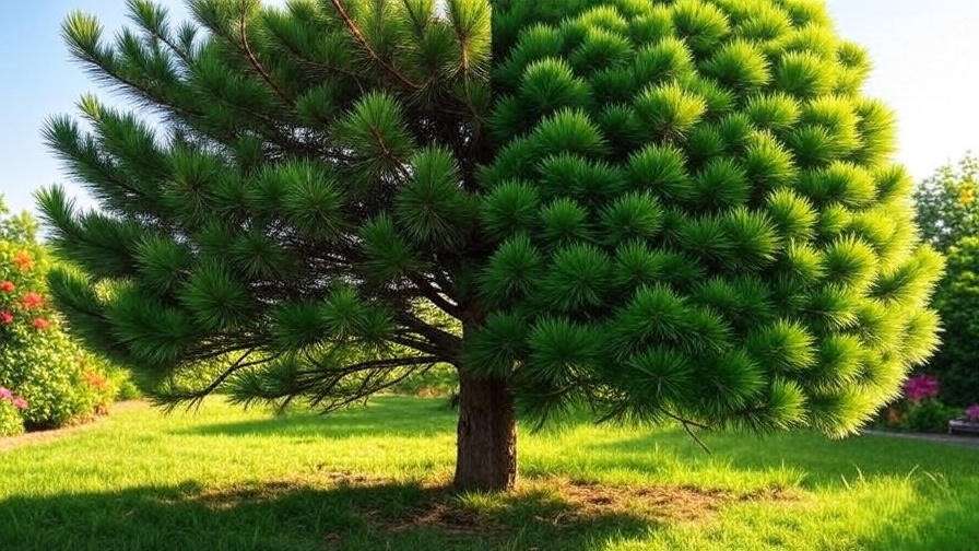 "Before and after pruning comparison of a healthy pine tree in a sunny garden".