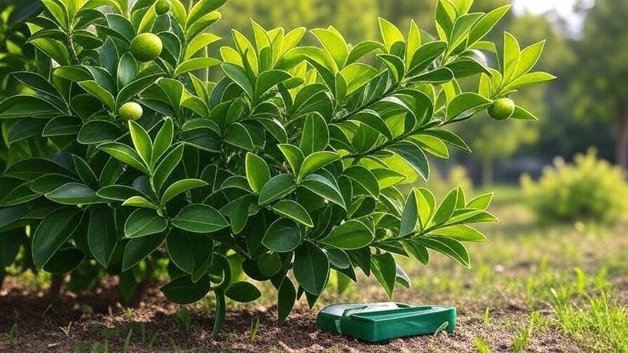 Close-up of a healthy lime tree with soil testing kit for pH balance in garden".