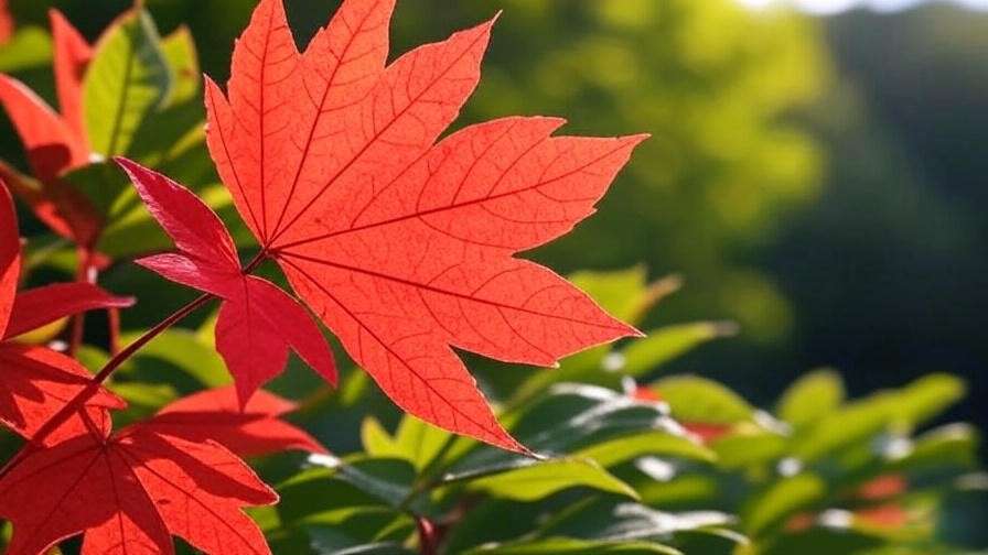 Close-up of red tree leaf with anthocyanin pigments in autumn".