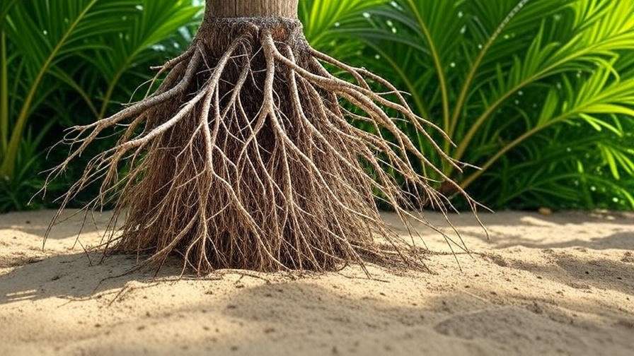 "Close-up of a healthy palm tree root system in sandy soil with green foliage