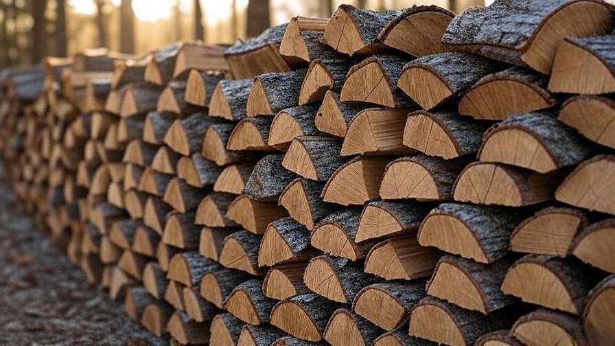 "Neatly stacked seasoned oak firewood with grayish bark in natural sunlight for a cozy fire."