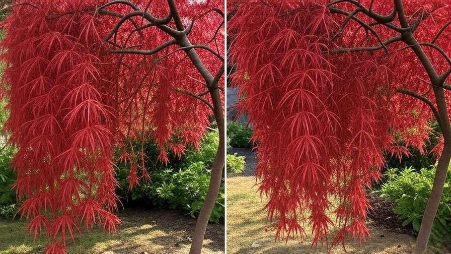 Before and after thinning overcrowded branches on a Japanese maple tree for better air circulation."