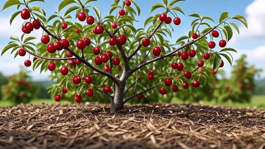 Cherry tree with thinned ripe cherries and mulch, clear blue sky background."