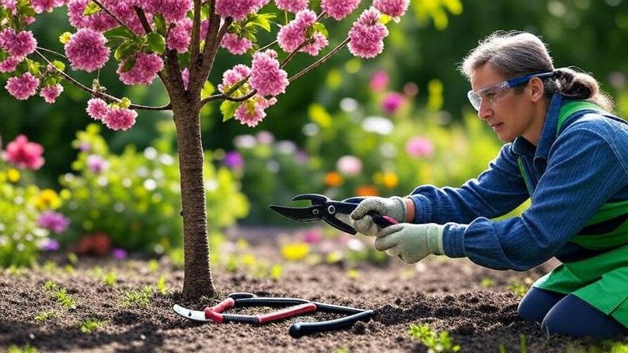 Gardener pruning a cherry tree with tools and safety gear in a colorful garden.