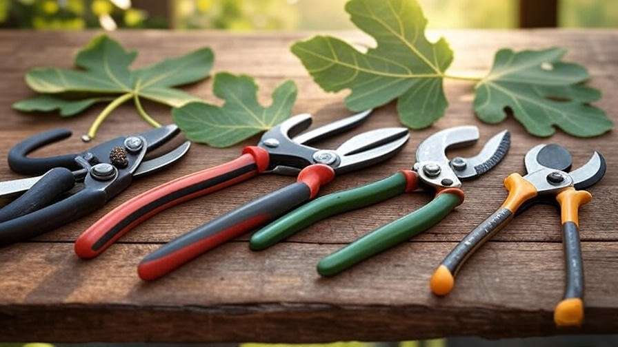 Pruning tools like pruners and saws with fig leaves on a wooden tabl