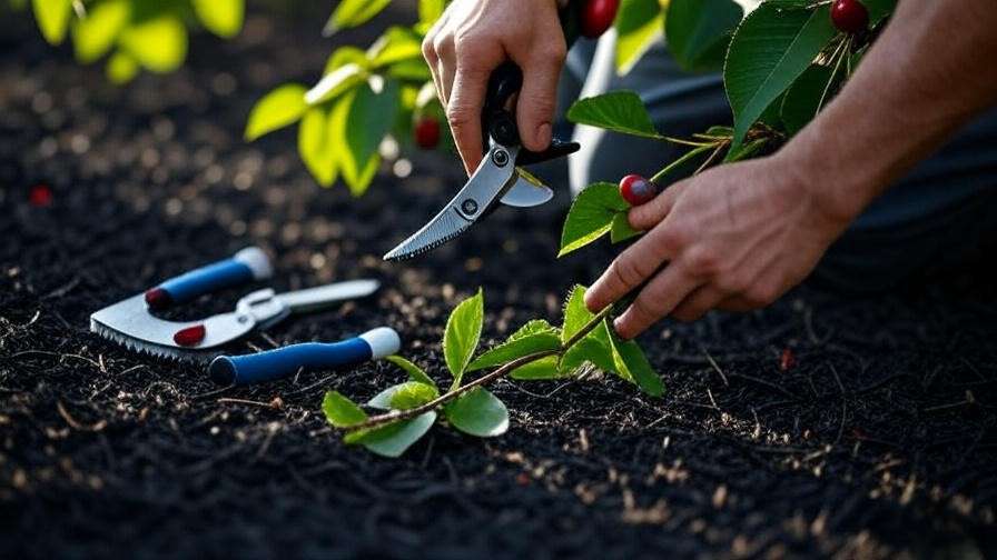 Gardener pruning cherry tree with sanitized shears and tools in orchard