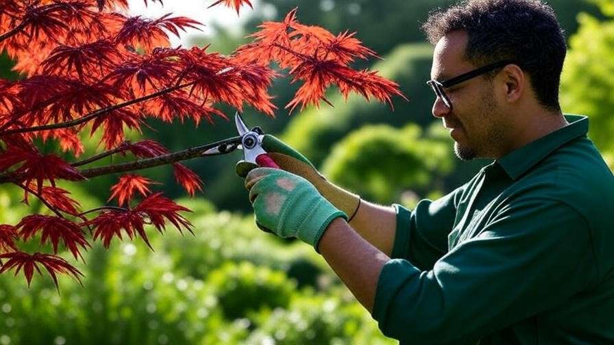 Gardener pruning dead branch from Japanese maple tree with bypass pruners in a lush garden.