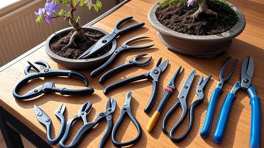 Bonsai tools like cutters and shears next to a wisteria bonsai pot.