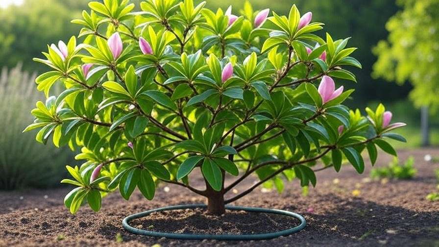"Magnolia tree with soaker hose for effective watering in a sunny garden".