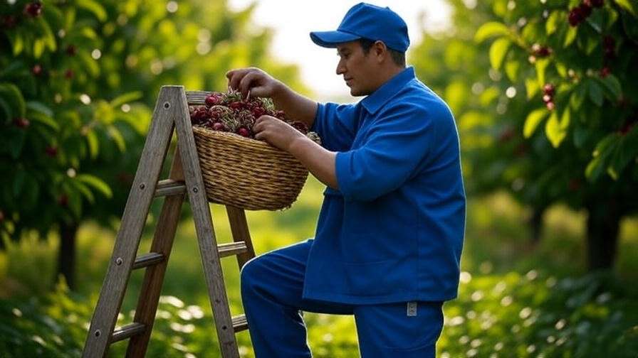 Gardener harvesting cherries with a ladder and basket in a blurred orchard background.
