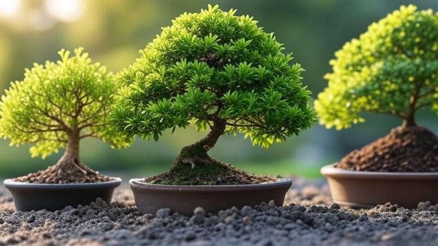 Three bonsai trees showing healthy growth with organic, synthetic, and slow-release fertilizers."